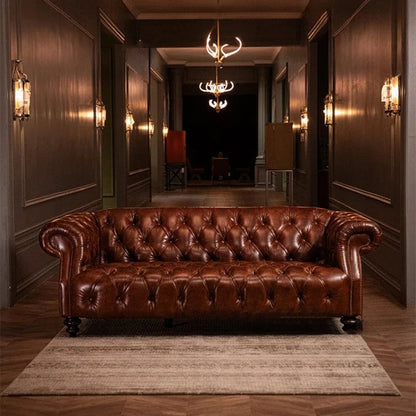 Classic Retro Oil Wax Leather Sofa - Luxury Pull-Up Sofa for Villa & Living Room