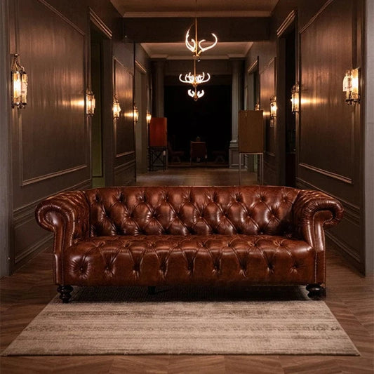 Classic Retro Oil Wax Leather Sofa - Luxury Pull-Up Sofa for Villa & Living Room