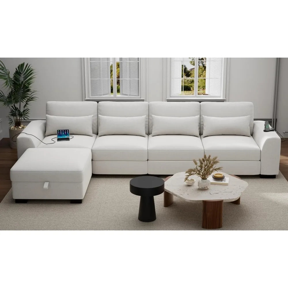 Modular Sectional Couches for Living Room - Convertible L Shaped Couch Beige 4 Seater Living Room Furniture Set - Sofa