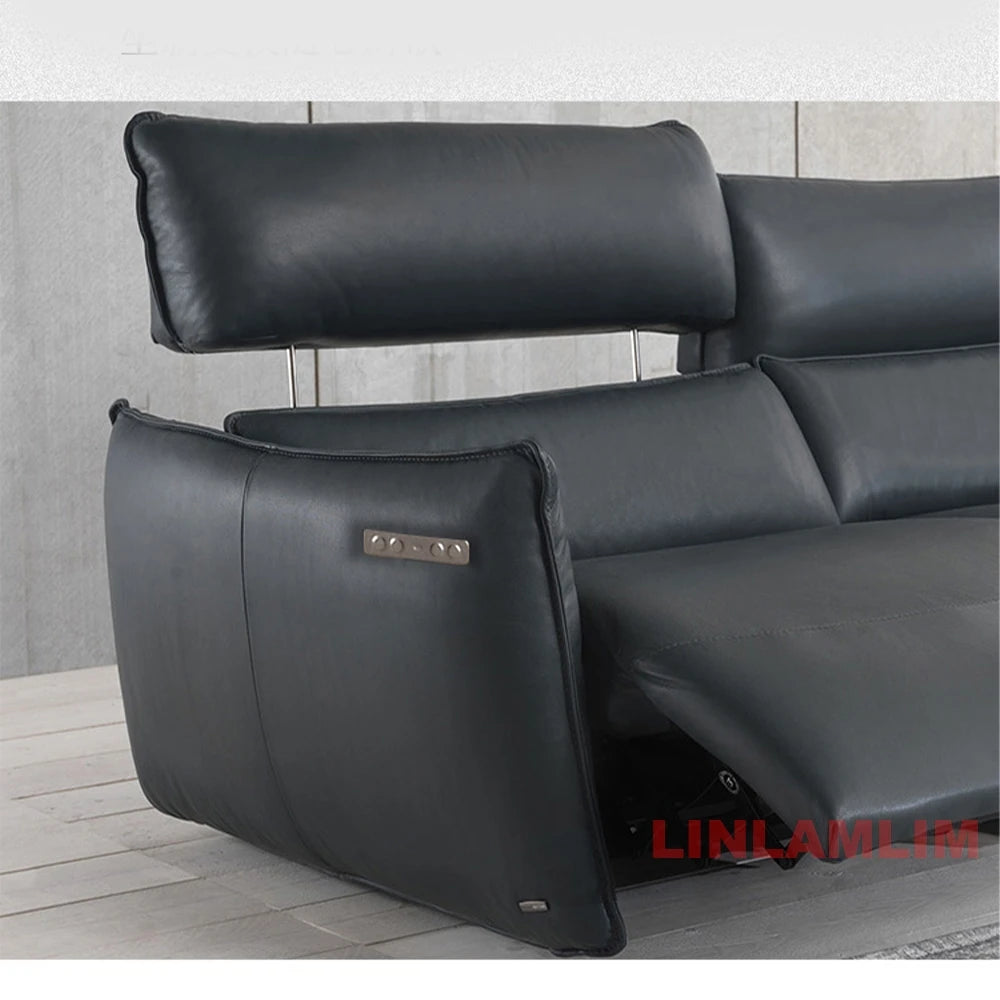 QY Ecksofa mit zwei Motoren, elektrischer Relaxfunktion, echtem Leder und verstellbaren Kopfstützen, L-förmige Eckcouch mit Chaiselongue