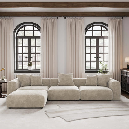 Sdorens 141.73'' L Shape Sectional Sofa Corduroy Fabric Couches Oversized 3 Seater Couch with 1 Ottomans for Living Room Set