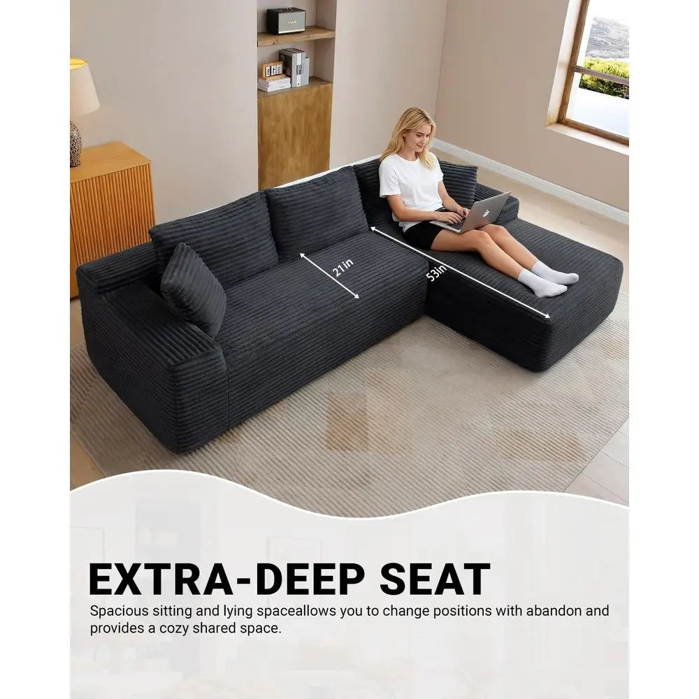 Modernes 108 L-förmiges Ecksofa, tiefes Wolkensofa, Cordstoff, Schwarz, Recamiere rechts, Wohnzimmermöbel, keine Montage