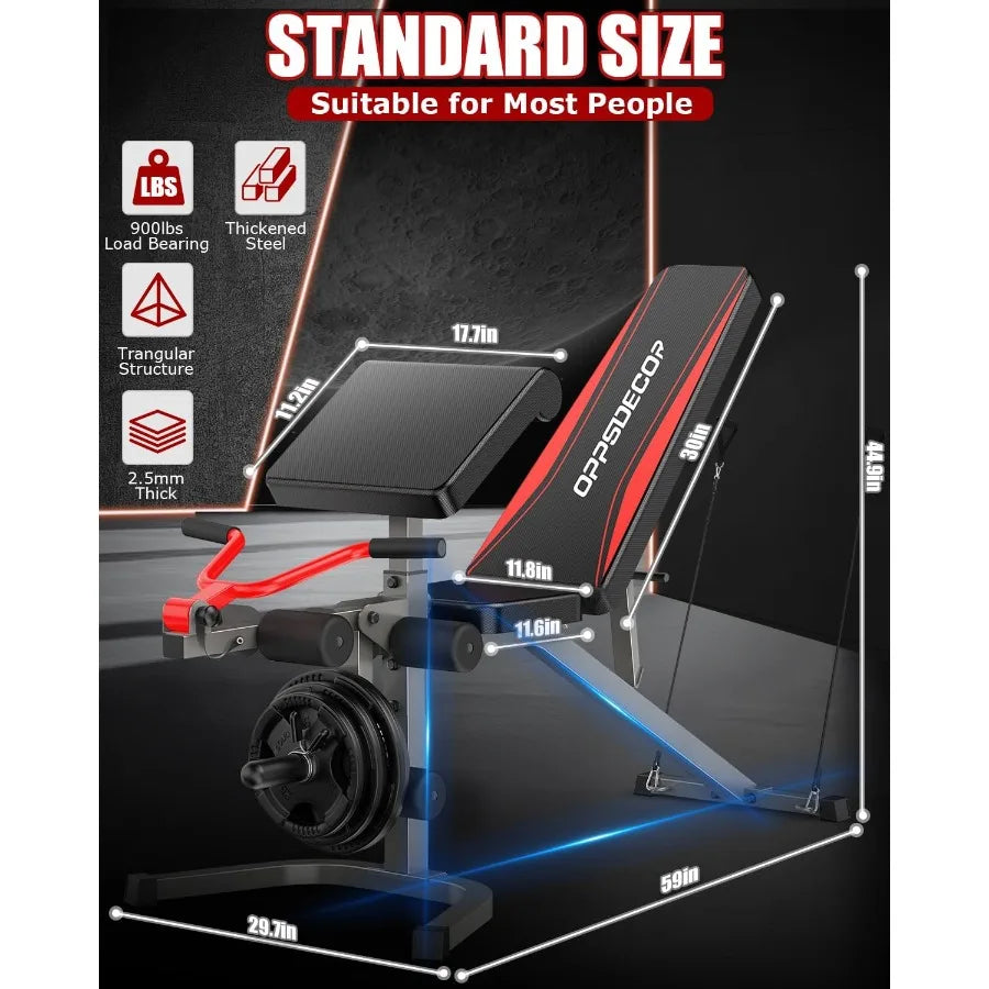 Heavyduty adjustable weight bench with integrated leg extension leg curl and preacher curl functions for versatile fullbody str