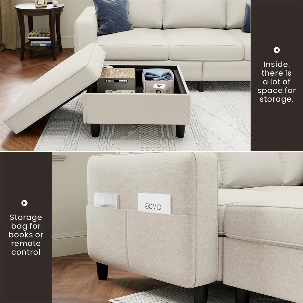 78 L-förmiges beigefarbenes Leinen-Haustierfreundliches modulares 3-Sitzer-Schlafsofa für das Wohnzimmer