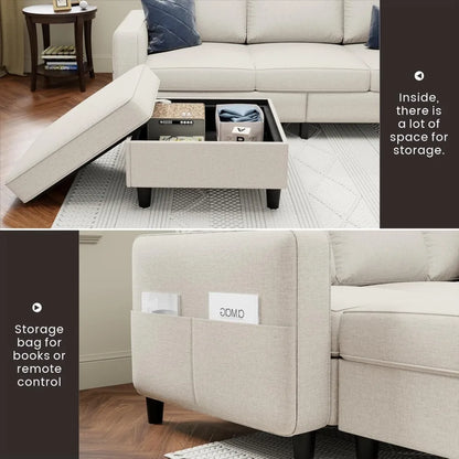 78 L-förmiges beigefarbenes Leinen-Haustierfreundliches modulares 3-Sitzer-Schlafsofa für das Wohnzimmer