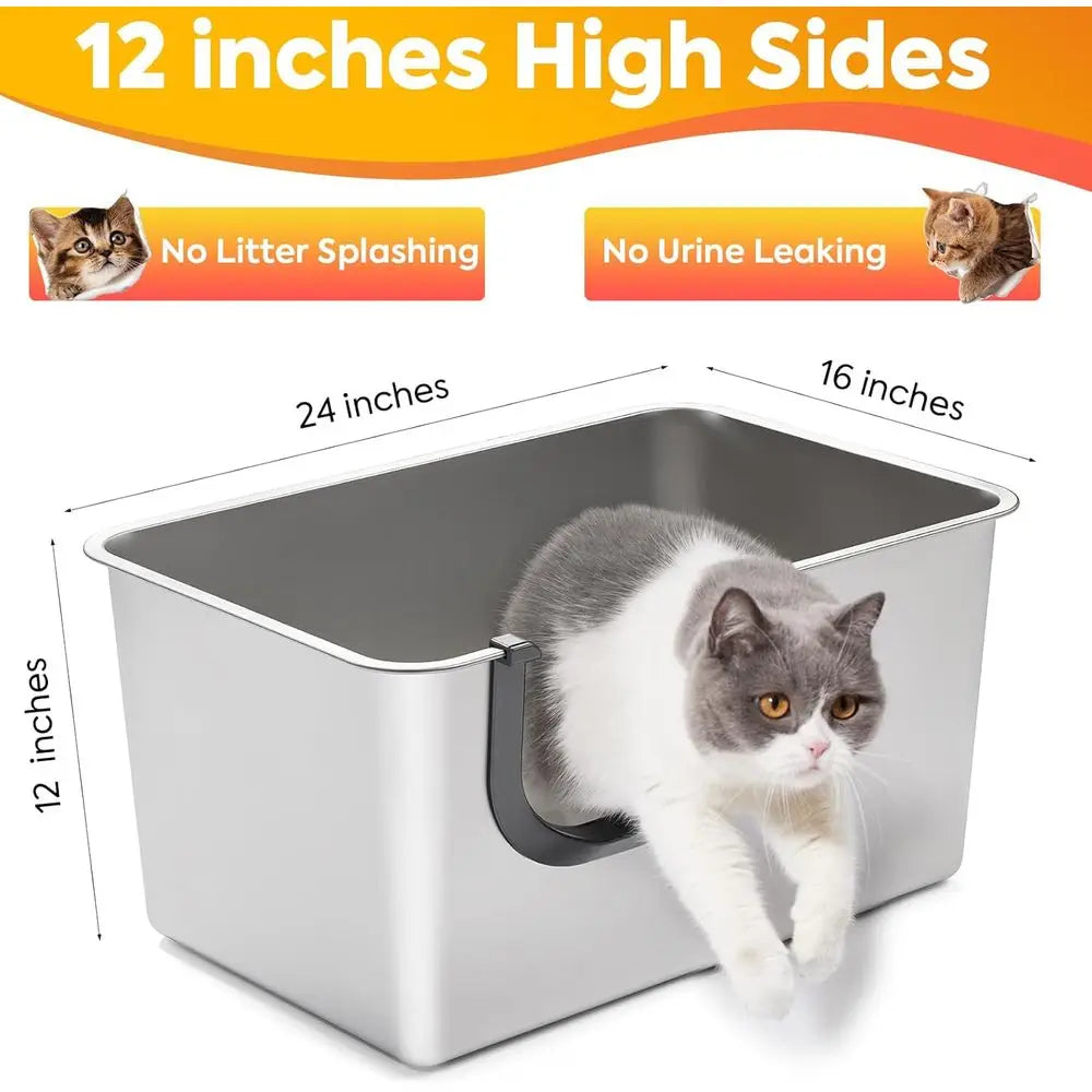 Bac à litière géant en acier inoxydable avec côtés hauts pour un contrôle facile de l'urine et du litière, adapté aux chatons et aux chats âgés