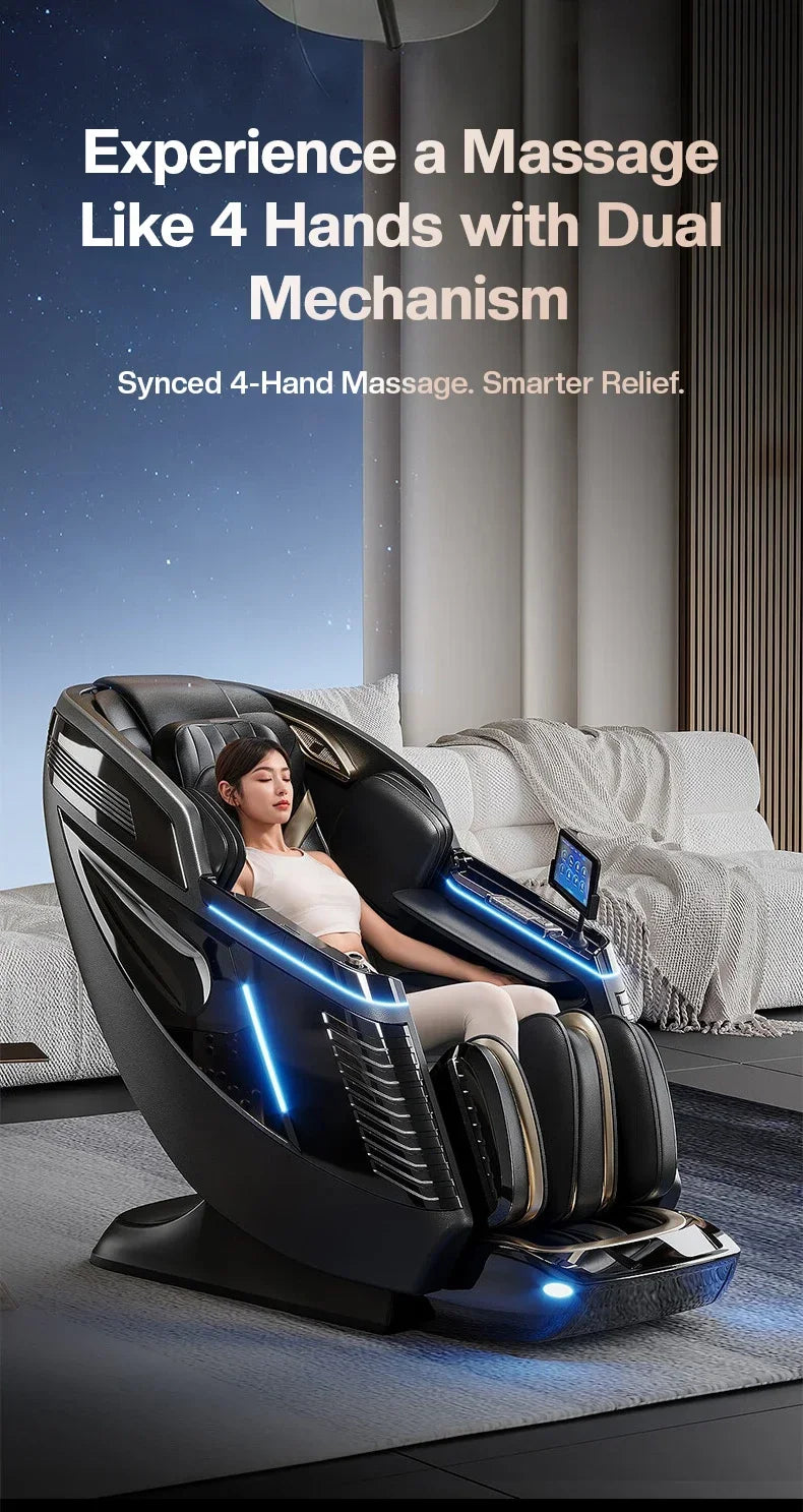 4D+3D-Massagesessel Ganzkörper-Massagesessel mit Schwerelosigkeitsfunktion, SL-Track, Shiatsu-Massage, Bodyscan, Fußrollen, Dehnfunktion, Heizfunktion