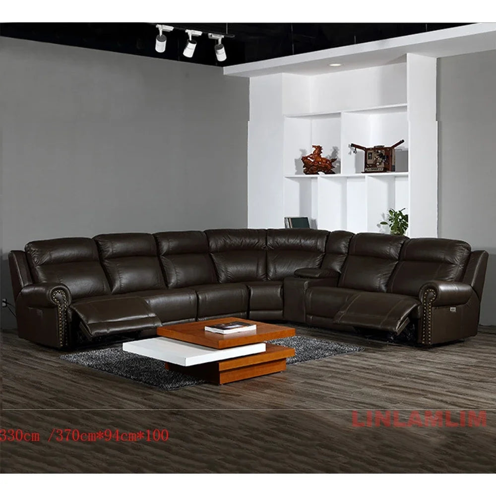 MINGDIBAO Luxuriöses Sofa-Set aus echtem Leder mit elektrischer Relaxfunktion, L-förmige elektrische Relax-Couch mit Nagelverzierung, Heimkinositz