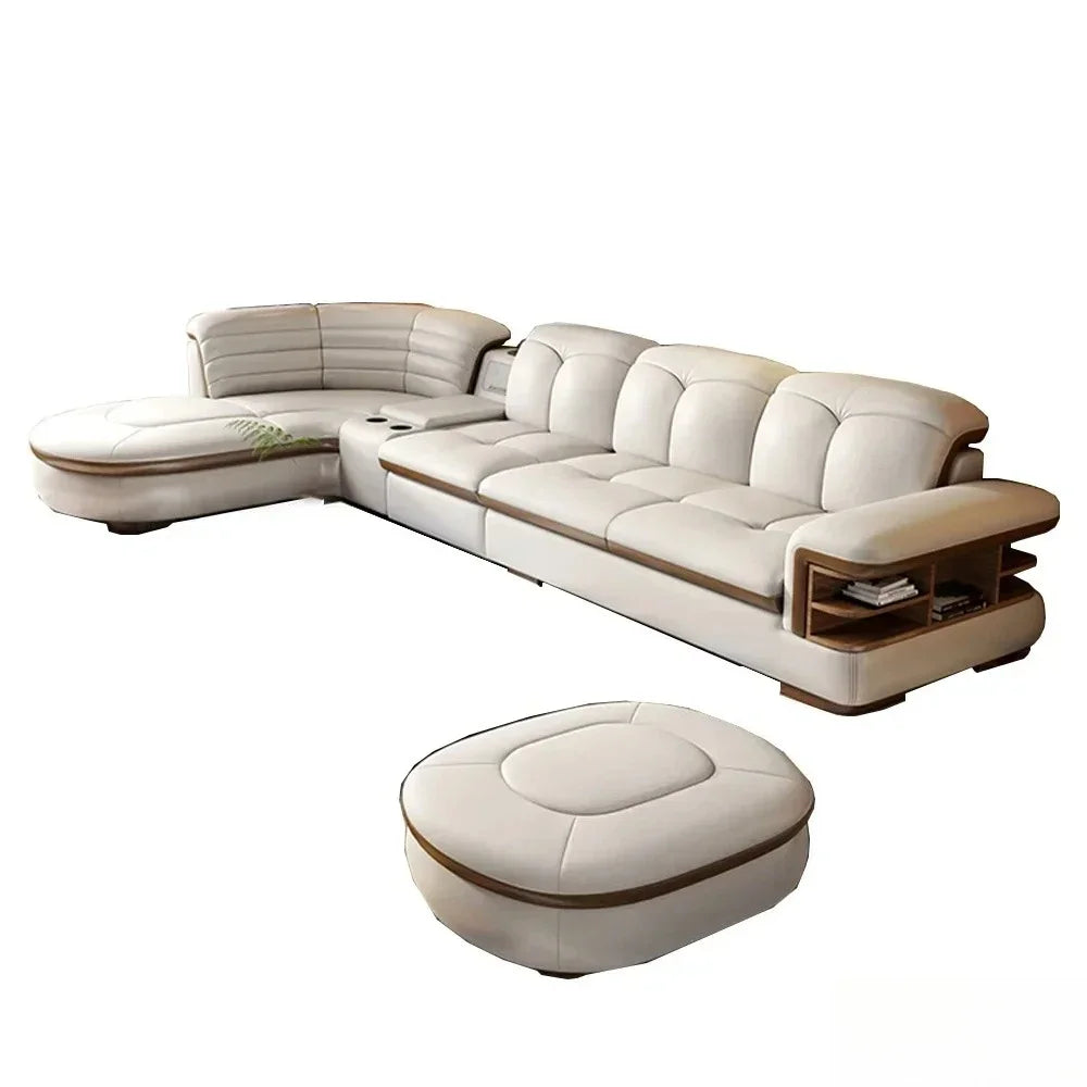 Luxuriöse L-förmige Sektionssofas aus echtem Leder mit USB- und Bluetooth-Lautsprecher – MINGDIBAO Wohnzimmer Italienische Ledersofas