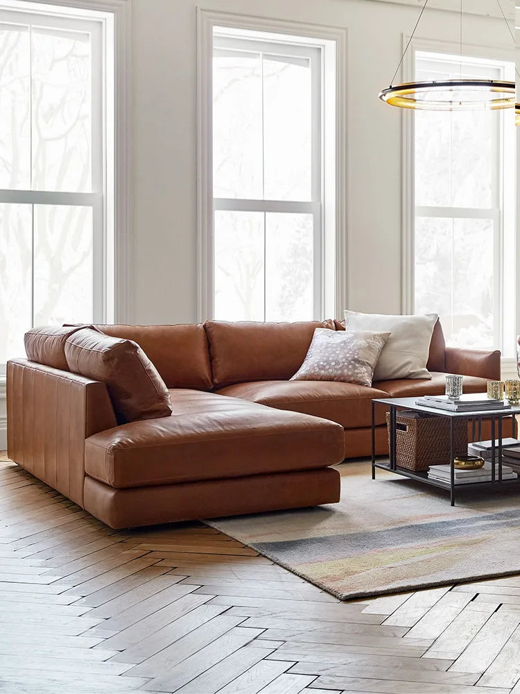 Ledersofa, antikes, milchbraunes, erstklassiges Rindsleder, L-förmiges Chaiselongue für das Wohnzimmer, amerikanisches Retro-Ledersofa