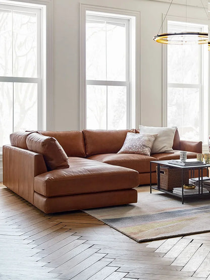 Ledersofa, antikes, milchbraunes, erstklassiges Rindsleder, L-förmiges Chaiselongue für das Wohnzimmer, amerikanisches Retro-Ledersofa