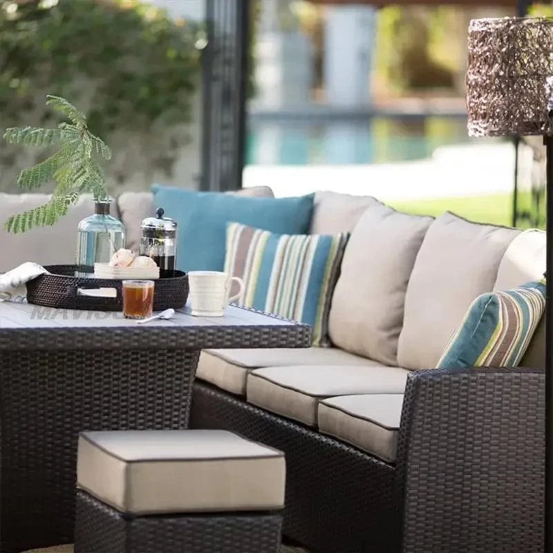 Nordisches Rattan-Sofa-Set – Outdoor-Ecksofas mit Couchtisch für Hof, Balkon, Terrasse und Garten