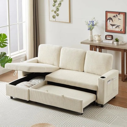 78.5" Corduroy L-Shaped Convertible Combo Sofa Bed with Reversible Storage Chaise,Pull-Out Sleeper Sofabed with Side Pockets an