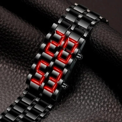 Fashion Men’s Digital Lava Wrist Watch – Full Black Metal with Red/Blue LED Display | Creative Sports Clock, Stylish Gift for Men &amp; Boys