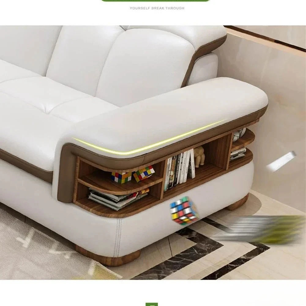 Luxuriöse L-förmige Sektionssofas aus echtem Leder mit USB- und Bluetooth-Lautsprecher – MINGDIBAO Wohnzimmer Italienische Ledersofas