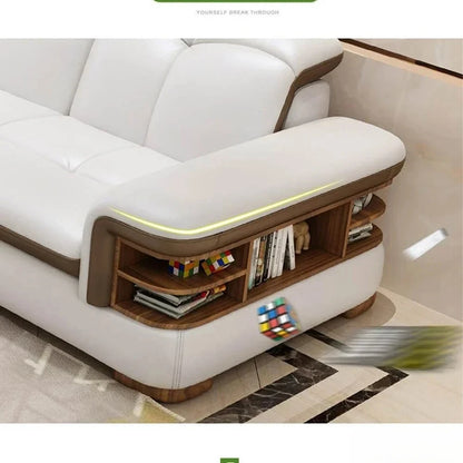 Luxuriöse L-förmige Sektionssofas aus echtem Leder mit USB- und Bluetooth-Lautsprecher – MINGDIBAO Wohnzimmer Italienische Ledersofas