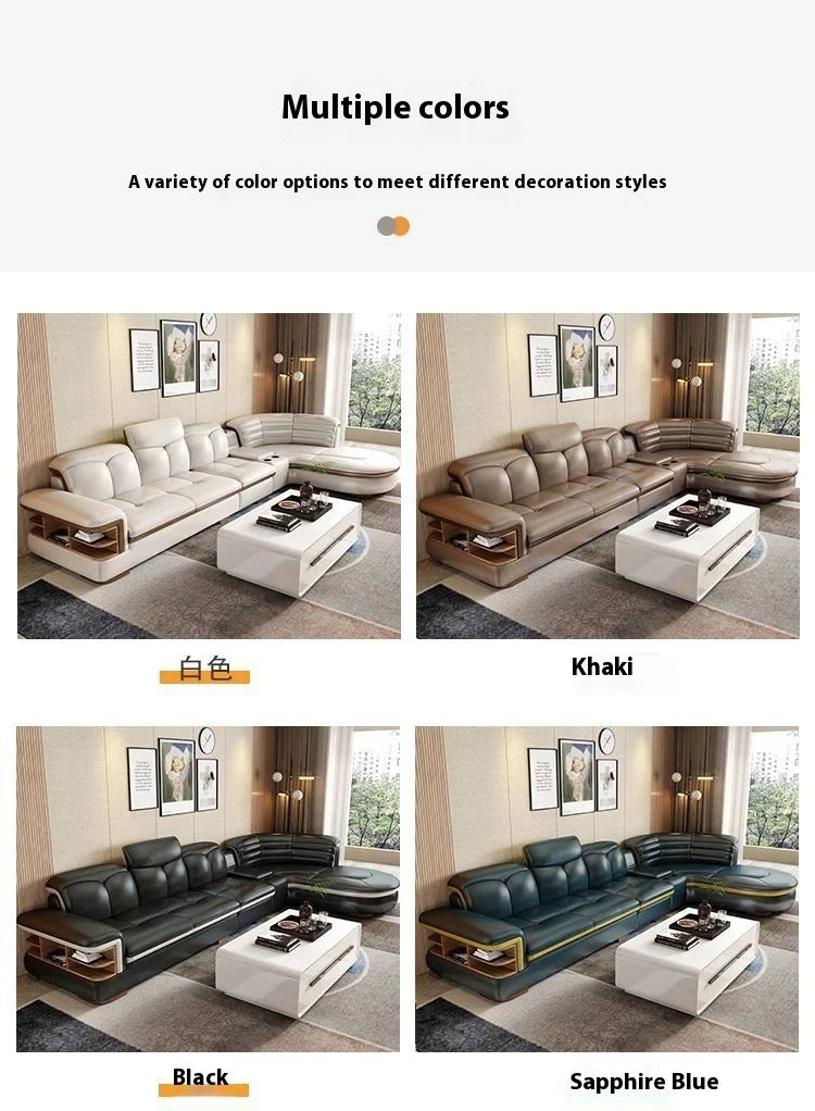 Luxuriöse L-förmige Sektionssofas aus echtem Leder mit USB- und Bluetooth-Lautsprecher – MINGDIBAO Wohnzimmer Italienische Ledersofas