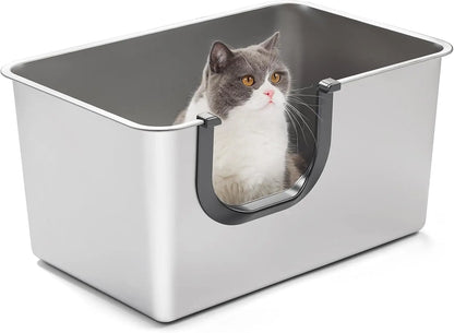 Bac à litière pour chat en acier inoxydable extra large avec côtés hauts, étanche et facile d'accès pour tous les chats
