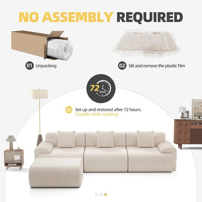 118" modernes L-förmiges modulares Ecksofa, "Boneless Cloud" Couch mit Ottoman, übergroße Cordcouch tiefe Sitzfläche, 30D Schwamm