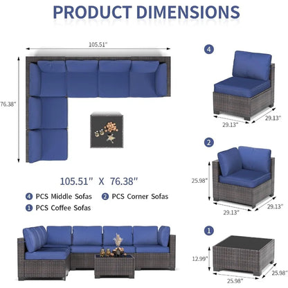 7 Piece Outdoor Patio Furniture Set with PE Rattan Conversation Sofa Thick Cushioned Wicker Patio Set Featuring Glass Top Coffe