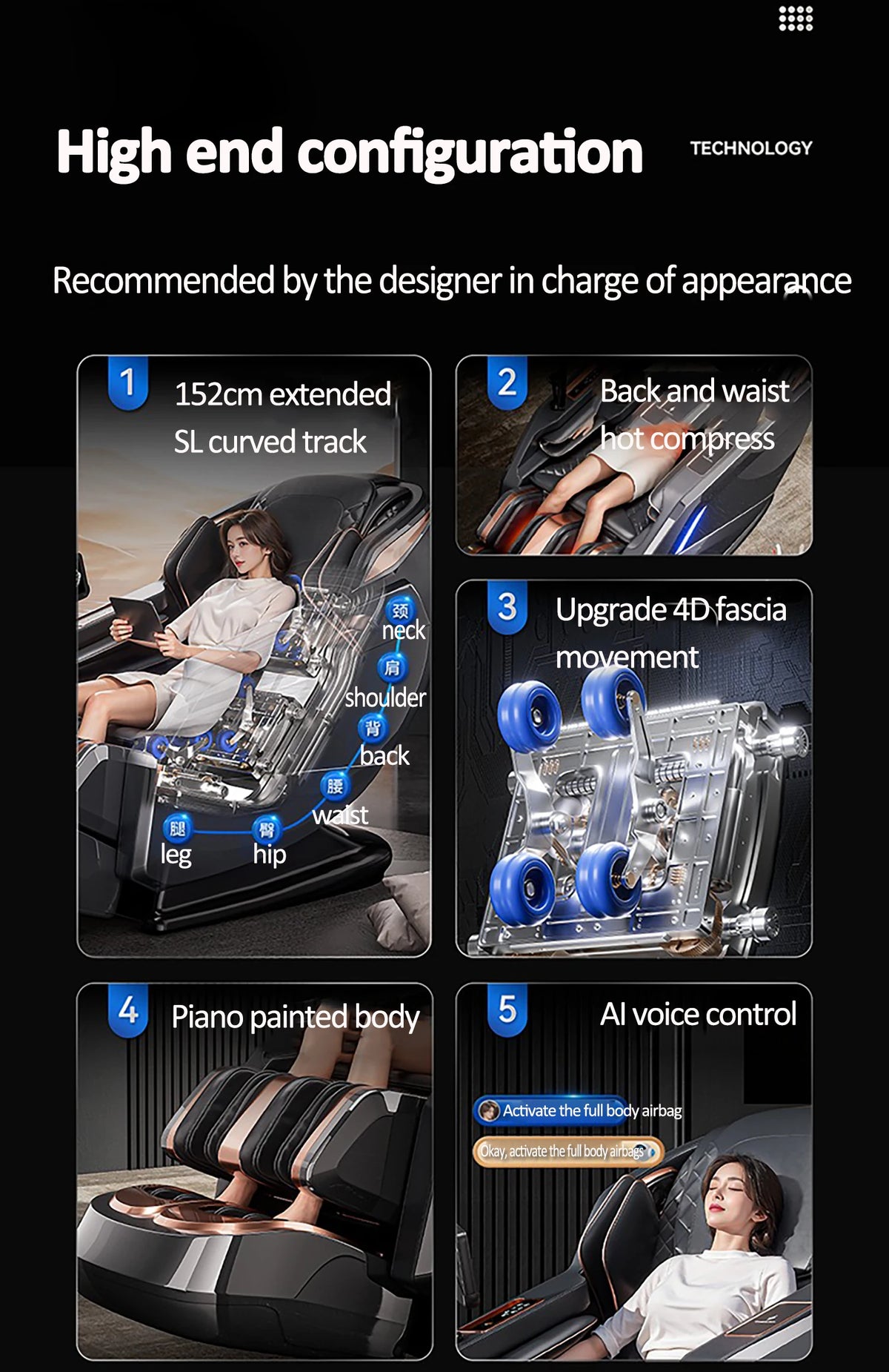 Luxuriöser elektrischer 4D-Massagesessel Zero Gravity SL-Track & Wärmetherapie Ganzkörper-Airbag Yoga Stretching Shiatsu-Liegesessel Massage