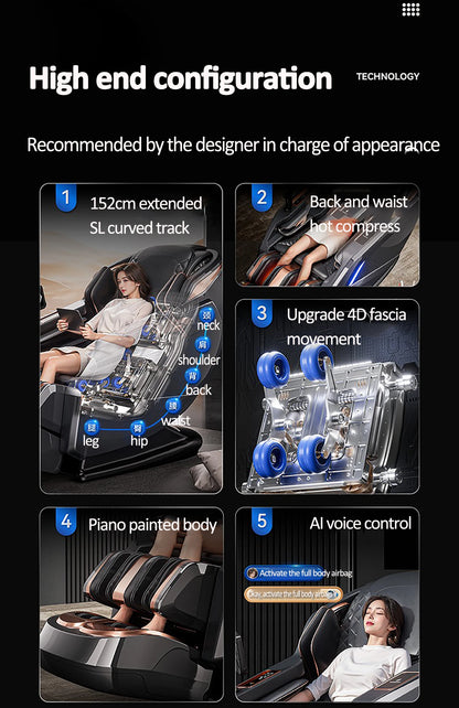 Luxuriöser elektrischer 4D-Massagesessel Zero Gravity SL-Track & Wärmetherapie Ganzkörper-Airbag Yoga Stretching Shiatsu-Liegesessel Massage