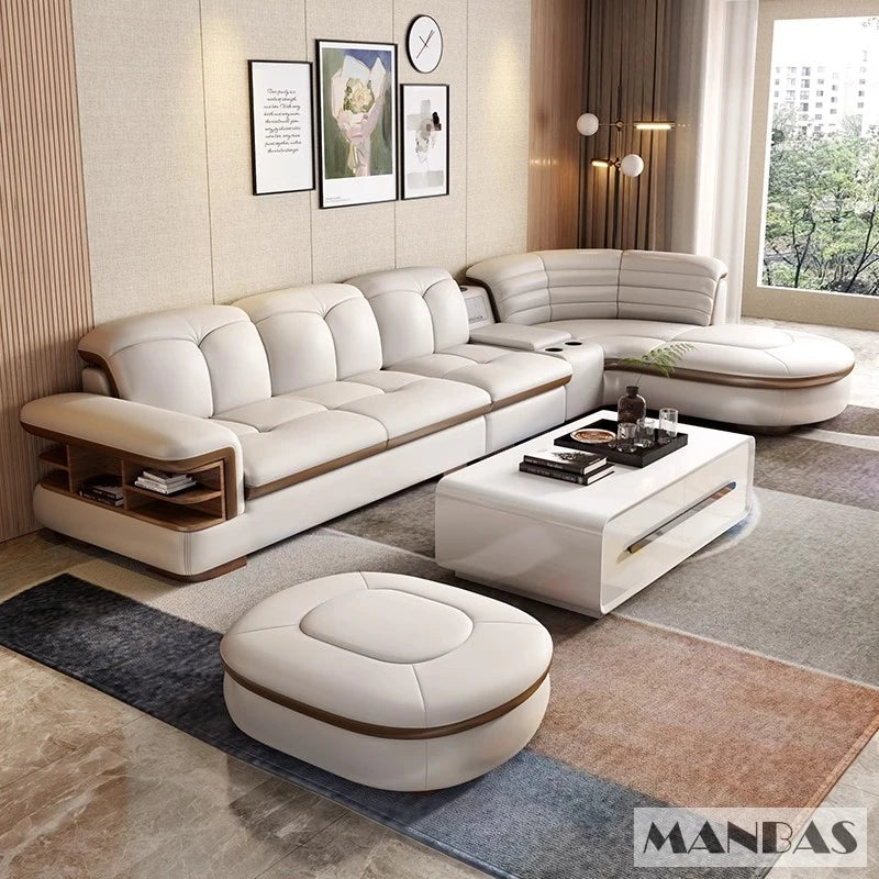 Luxuriöse L-förmige Sektionalsofa-Sets aus echtem Leder mit USB, Bluetooth-Lautsprecher – Linlamlim Wohnzimmer italienische Ledersofas