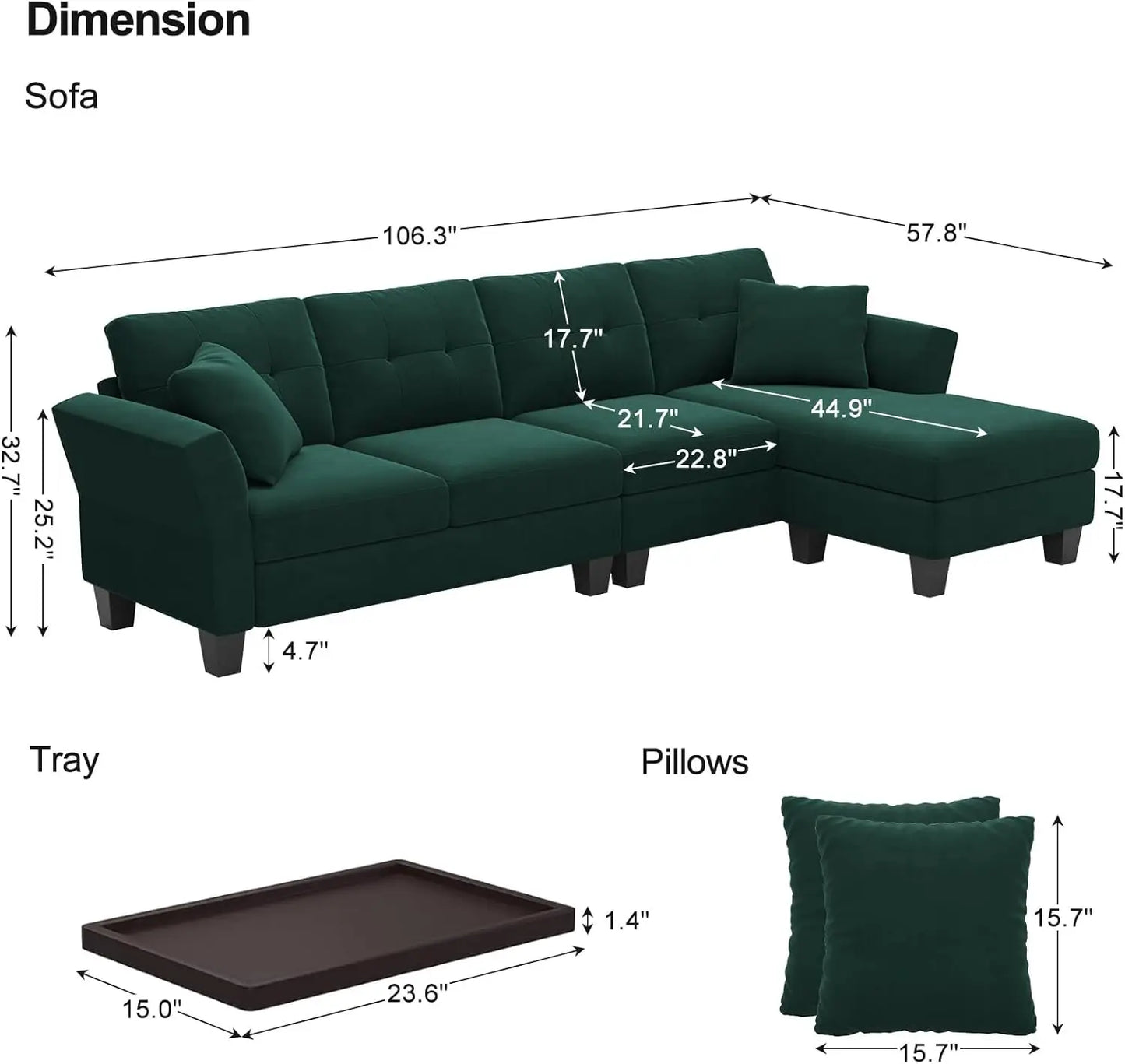 L-förmiges Sofa 4-Sitzer Sofa mit Récamiere L-förmige Sofas Umwandelbares Sektionssofa (Dunkelgrün, L-förmiges Sofa)