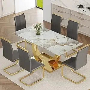 Faux Marble Dining Table Set Gold Metal Frame – Modern Elegant Kitchen & Dining Room Furniture