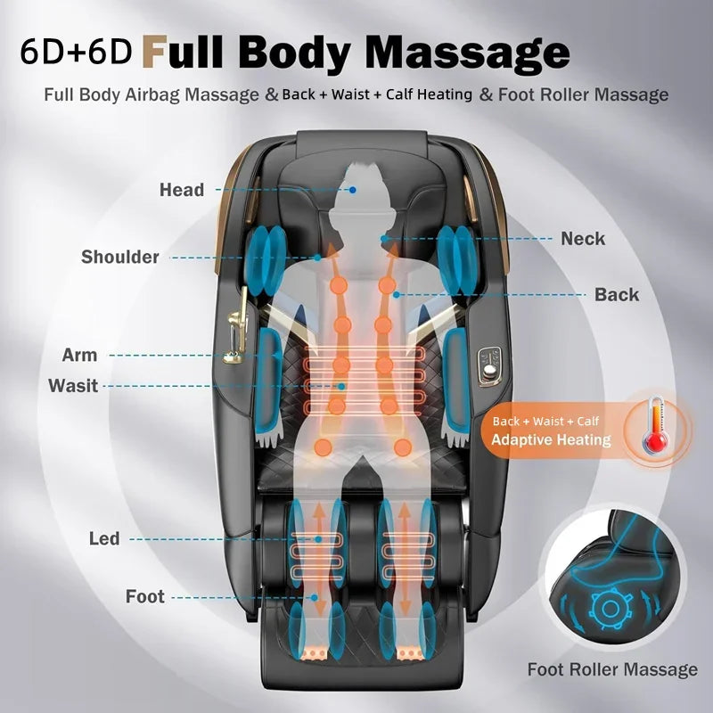 Dual-Core 6D+6D Massagesessel Ganzkörper-Schwerelosigkeits-Massagesessel mit Heizung Tiefenentspannungs-Massagesessel