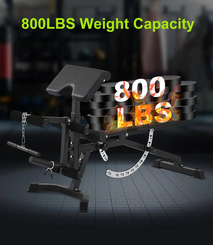 Adjustable Weight Bench with Preacher Pad Leg Extension and Leg Curl 800LBS Workout Bench with Handle Bar FID Bench for Strength