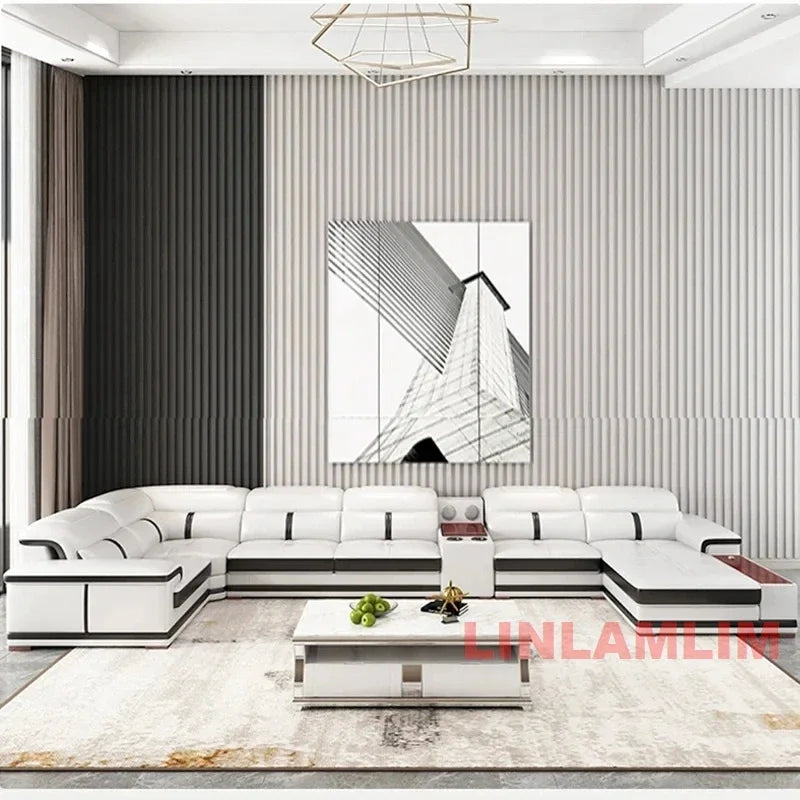 Modern U-Shaped Sectional Sofa with Chaise, White Genuine Leather Couch with Cup Holders, USB – Large Living Room Furniture Set