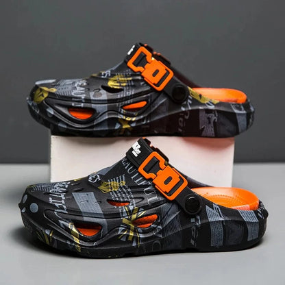 Men’s Sport Sandals – Lightweight EVA Slip-On Beach Slides with Buckle, Graffiti Design