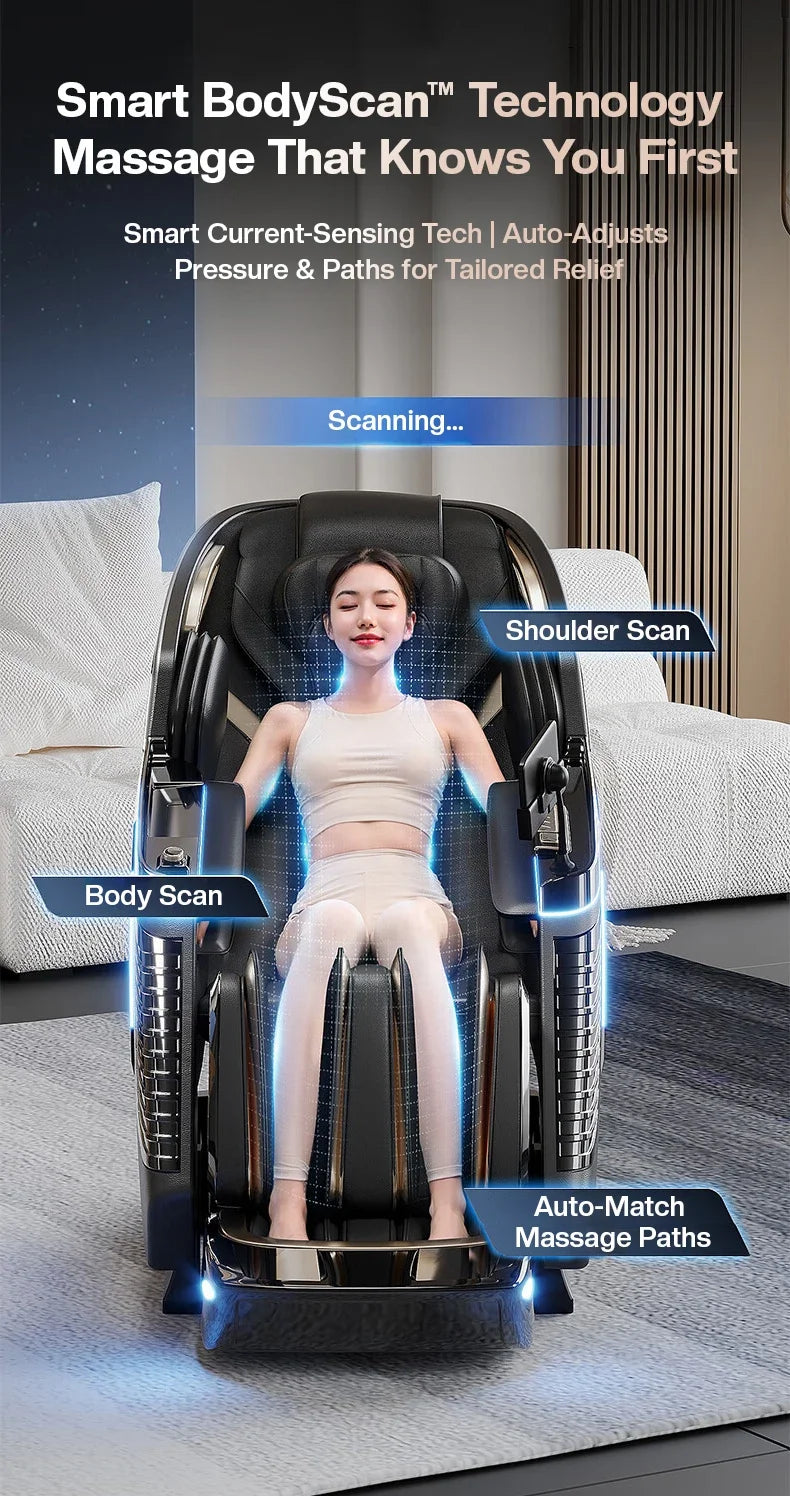 4D+3D-Massagesessel Ganzkörper-Massagesessel mit Schwerelosigkeitsfunktion, SL-Track, Shiatsu-Massage, Bodyscan, Fußrollen, Dehnfunktion, Heizfunktion