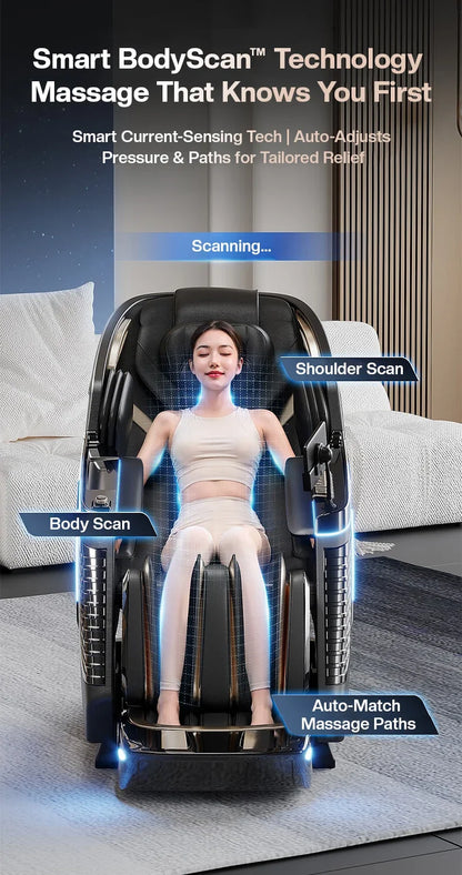 4D+3D-Massagesessel Ganzkörper-Massagesessel mit Schwerelosigkeitsfunktion, SL-Track, Shiatsu-Massage, Bodyscan, Fußrollen, Dehnfunktion, Heizfunktion