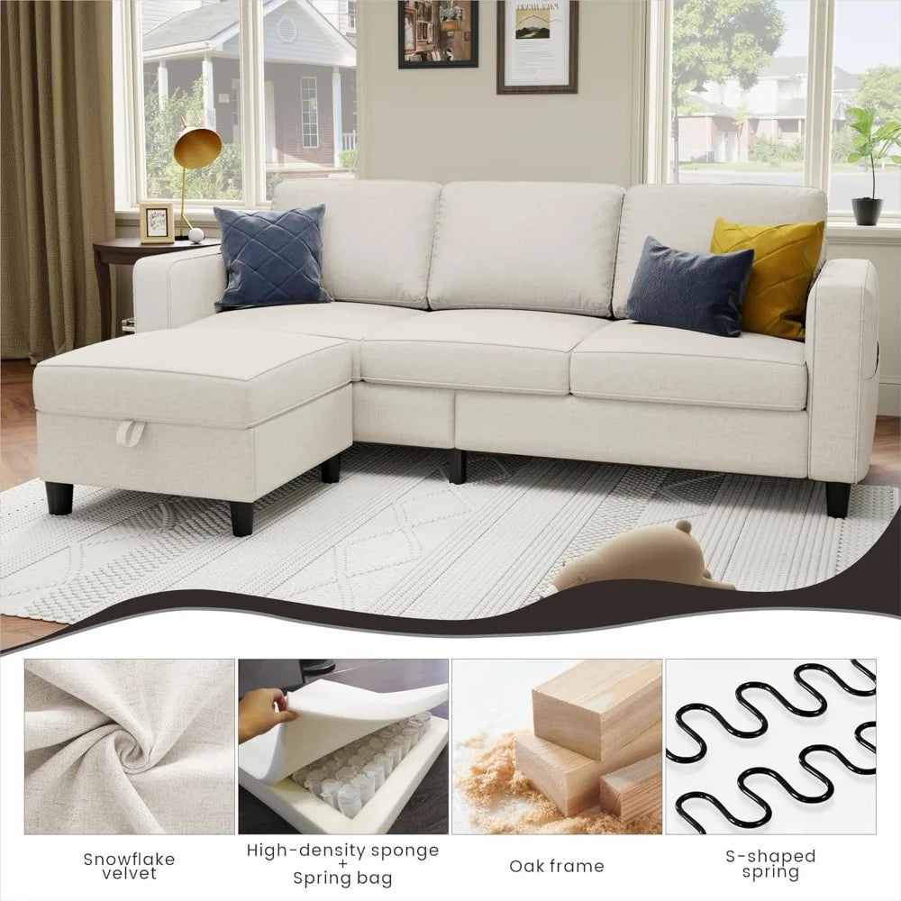 78 L-förmiges beigefarbenes Leinen-Haustierfreundliches modulares 3-Sitzer-Schlafsofa für das Wohnzimmer
