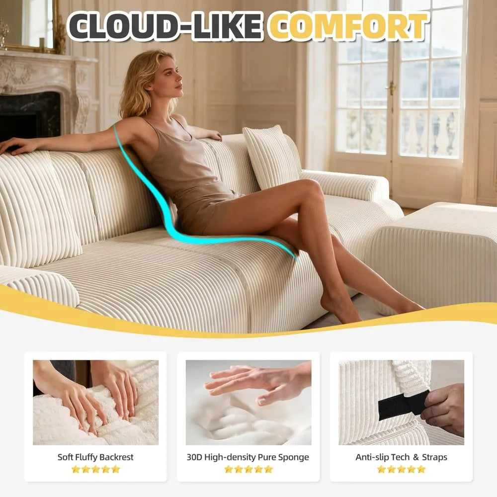118" modernes L-förmiges modulares Ecksofa, "Boneless Cloud" Couch mit Ottoman, übergroße Cordcouch tiefe Sitzfläche, 30D Schwamm