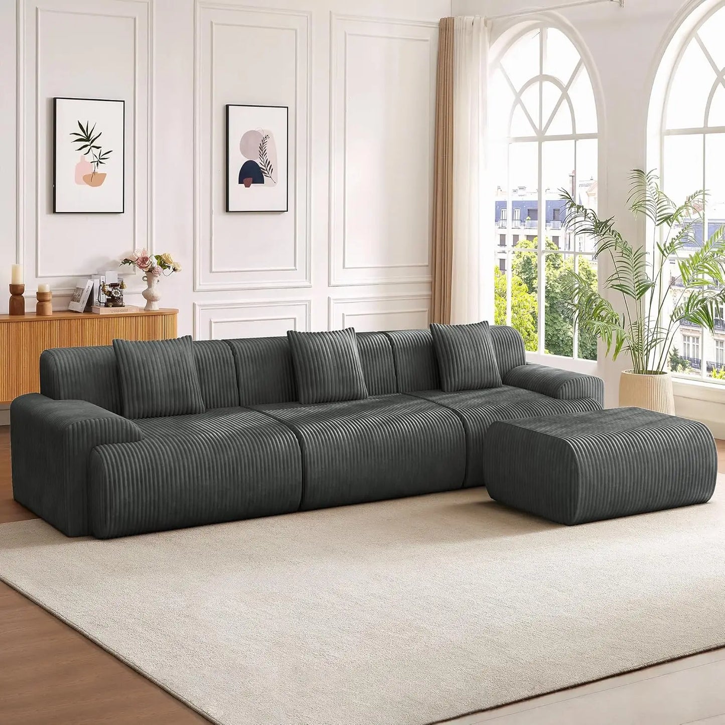 118" modernes L-förmiges modulares Ecksofa, "Boneless Cloud" Couch mit Ottoman, übergroße Cordcouch tiefe Sitzfläche, 30D Schwamm