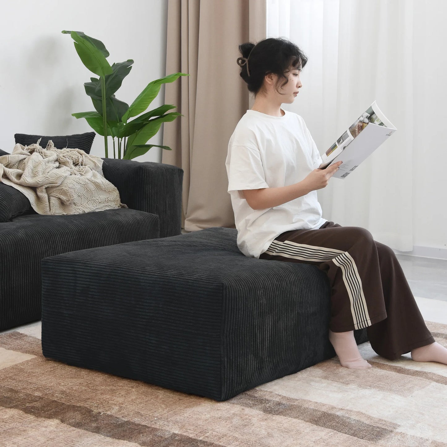 Sdorens 141.73'' L Shape Sectional Sofa Corduroy Fabric Couches Oversized 3 Seater Couch with 1 Ottomans for Living Room Set
