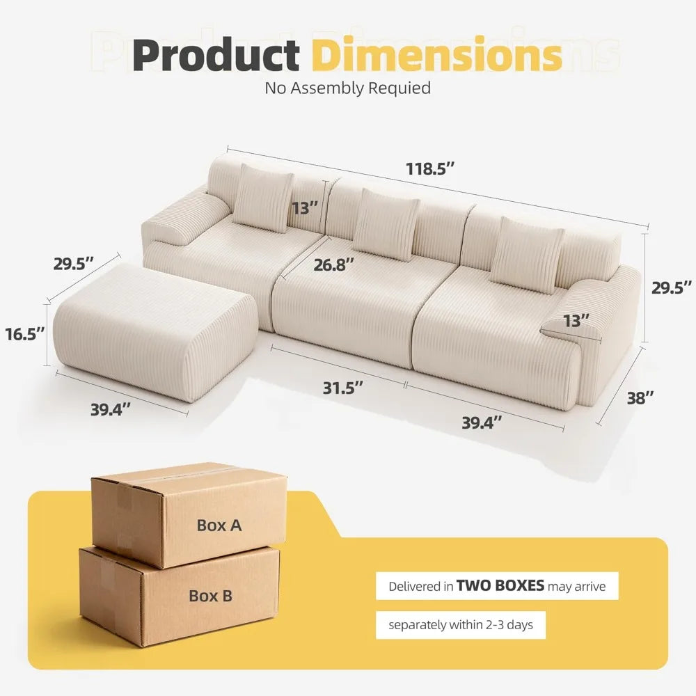 118" modernes L-förmiges modulares Ecksofa, "Boneless Cloud" Couch mit Ottoman, übergroße Cordcouch tiefe Sitzfläche, 30D Schwamm