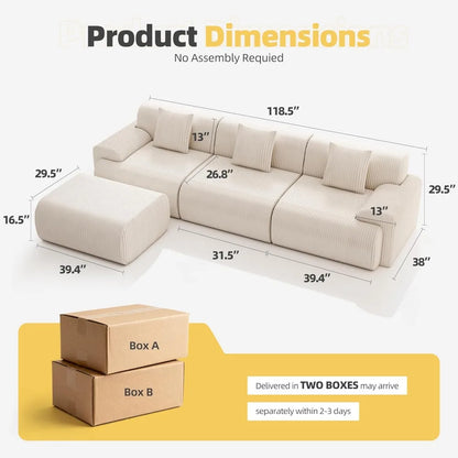 118" modernes L-förmiges modulares Ecksofa, "Boneless Cloud" Couch mit Ottoman, übergroße Cordcouch tiefe Sitzfläche, 30D Schwamm