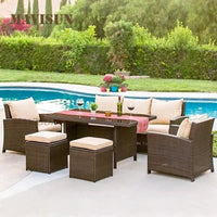 Nordisches Rattan-Sofa-Set – Outdoor-Ecksofas mit Couchtisch für Hof, Balkon, Terrasse und Garten