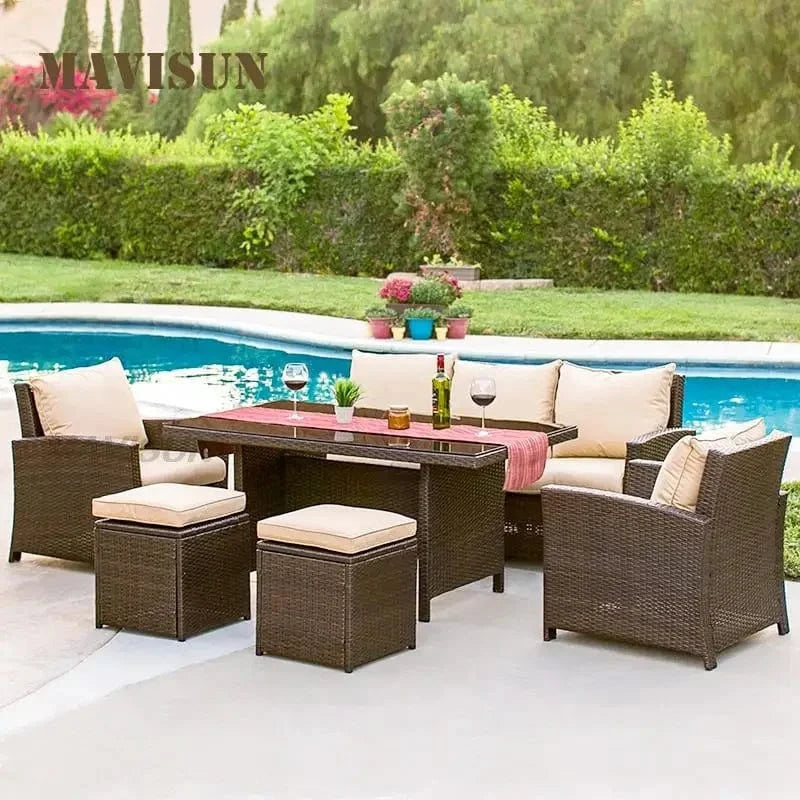 Nordisches Rattan-Sofa-Set – Outdoor-Ecksofas mit Couchtisch für Hof, Balkon, Terrasse und Garten
