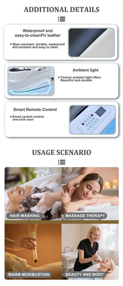 Weißer Fiberglas-Headspa-Tisch elektrische Massage Shampoo-Liege mit Wasserkreislauf
