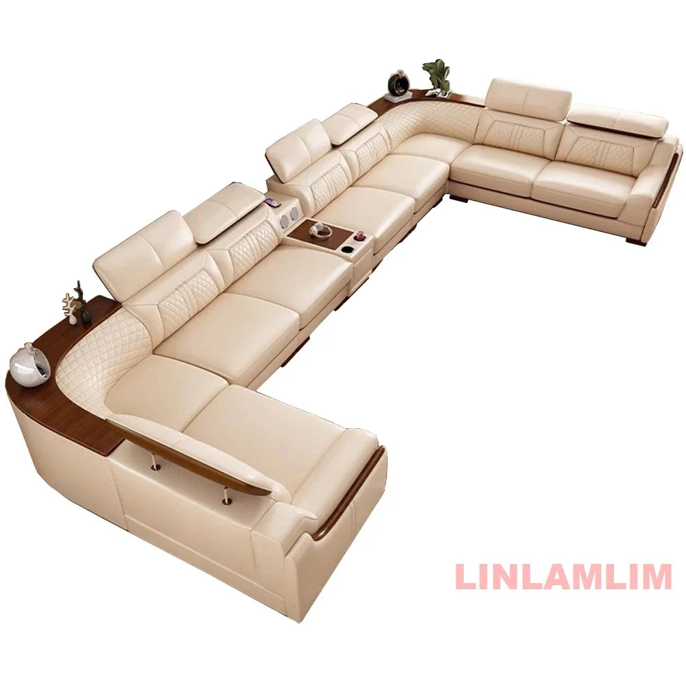 Modernes U-förmiges Ecksofa-Set mit Chaiselongue, echtes Leder Sofa mit Ablagetisch, USB – Große Wohnzimmermöbel