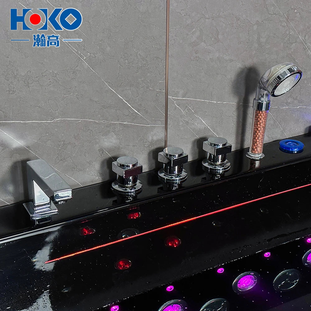 HOKO Schwarzer Indoor-Whirlpool, Spa-Badewanne mit Wasserfall, Massage-Badewanne mit Whirlpool-Düsen, Hydromassage-Badewanne