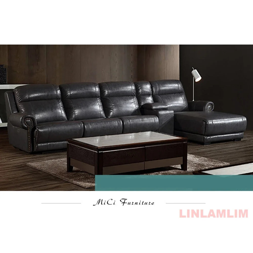 MINGDIBAO Luxuriöses Sofa-Set aus echtem Leder mit elektrischer Relaxfunktion, L-förmige elektrische Relax-Couch mit Nagelverzierung, Heimkinositz
