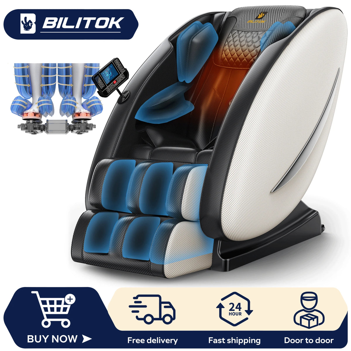Massagesessel mit Zero-Gravity-Funktion, Ganzkörper-Massagesessel mit Heizung, Bluetooth-Lautsprecher, Airbags, Fußroller