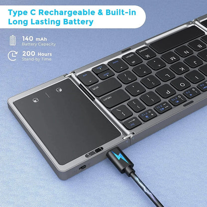 Dual Bluetooth 5.1 Foldable Keyboard with Touchpad – 3-Fold Mini Wireless Keyboard for Windows, Android, iOS, iPad | Rechargeable &amp; Portable
