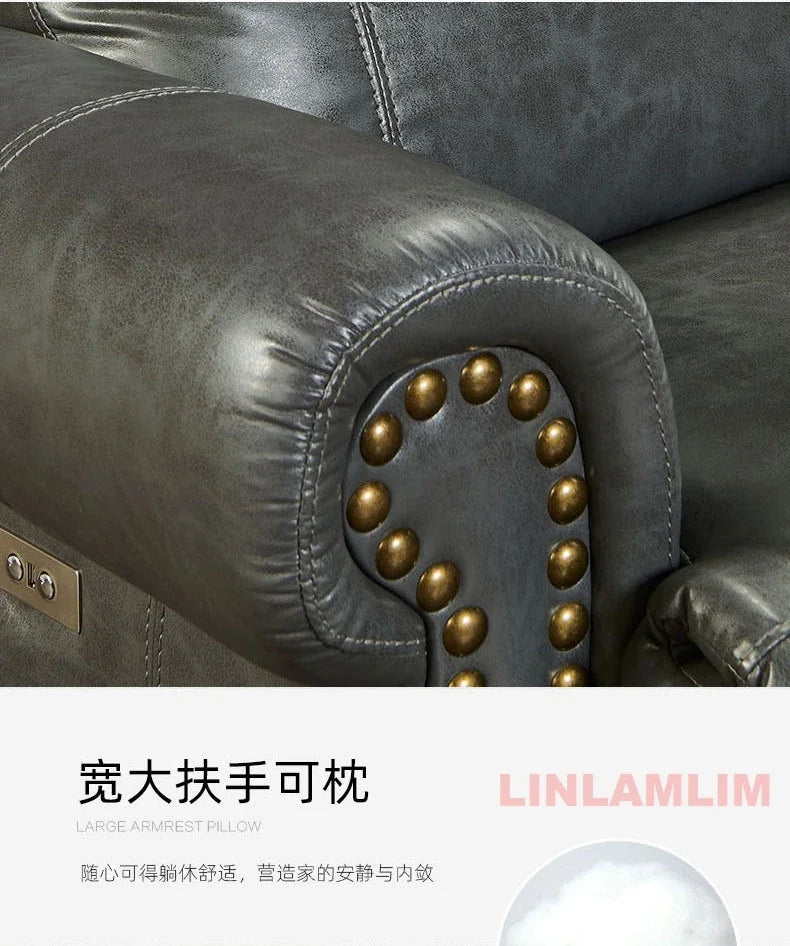 MINGDIBAO Luxuriöses Sofa-Set aus echtem Leder mit elektrischer Relaxfunktion, L-förmige elektrische Relax-Couch mit Nagelverzierung, Heimkinositz